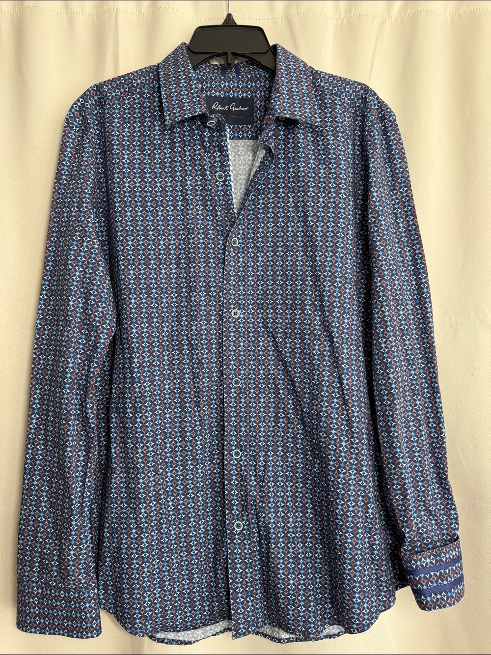 Robert Graham Modern Americana Blue Red Diamond Print Long Sleeve Button Down XL